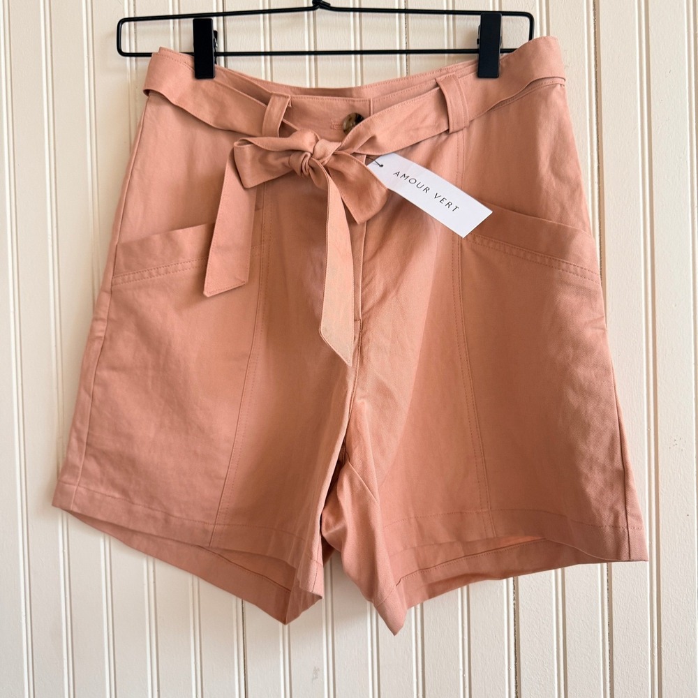 Amour Vert Milo High Rise Preppy Chic Belted Shorts -‎ Rose Pink - XS  New